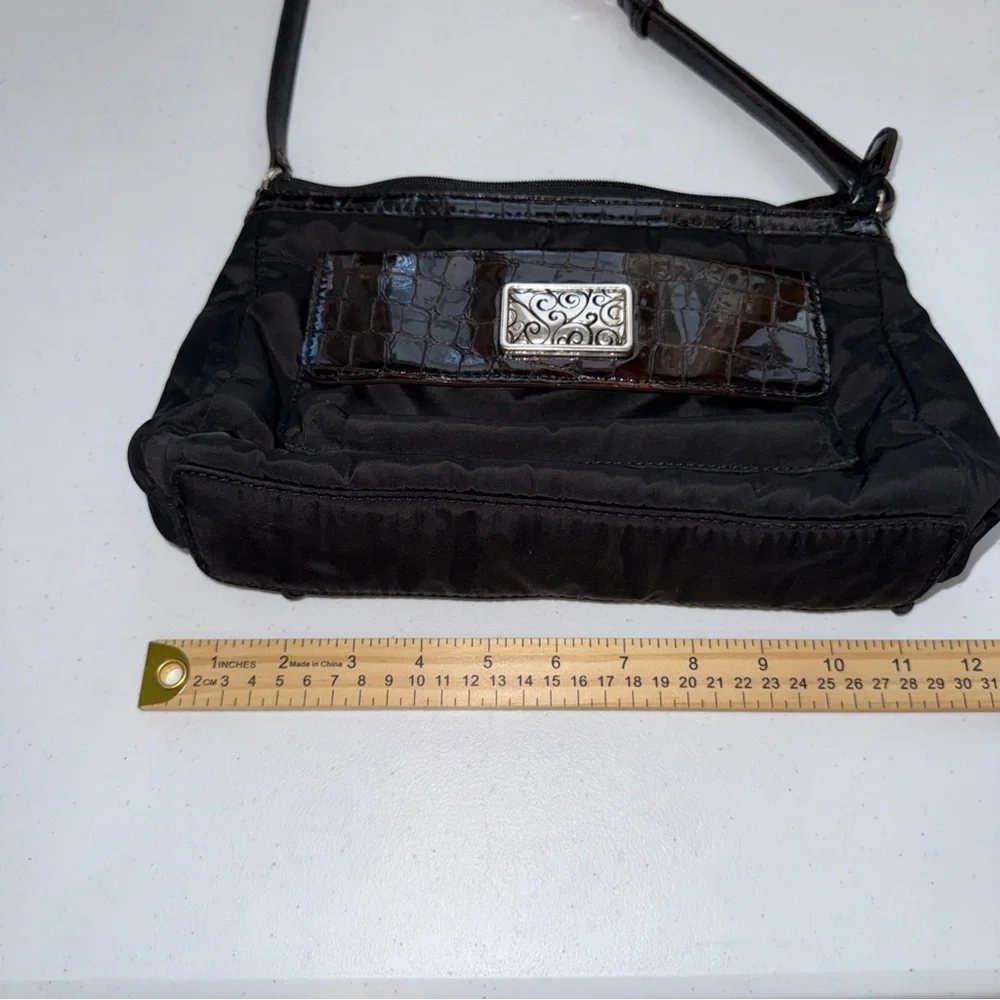 Brighton‎ Black Nylon Croc Embossed Leather Crossbody Bag F174135 Brown Trim